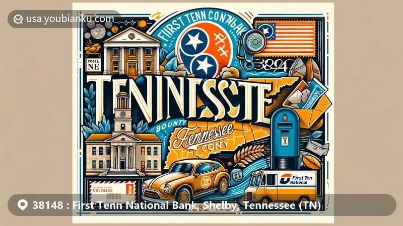 Modern illustration of the ZIP code 38148 area in First Tenn National Bank region, Shelby County, Tennessee, featuring Tennessee state flag, airmail envelope with postal elements, and vibrant design.