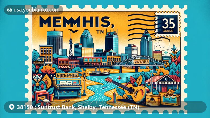 Modern illustration of Memphis, Tennessee, highlighting ZIP code 38150, featuring city skyline, Mississippi River, Beale Street, and postal elements like a stamp with Tennessee outline, postal mark 'Memphis, TN 38150,' and vintage mailbox.