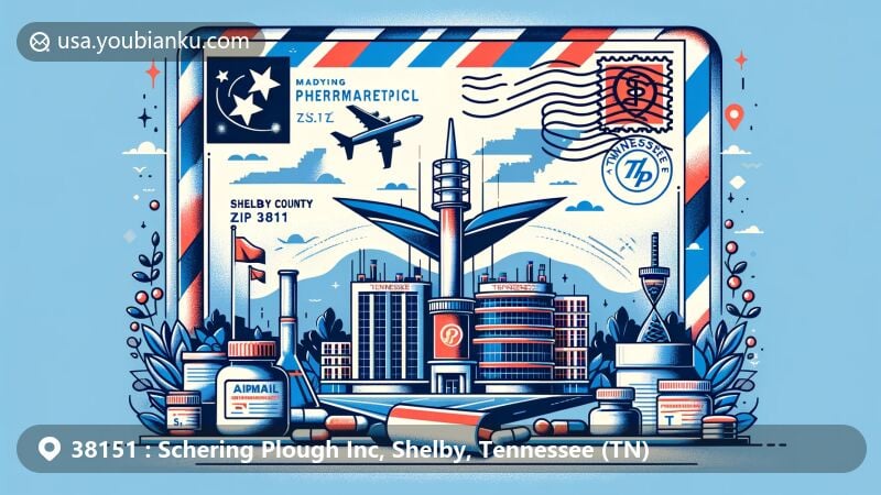 Modern illustration of Memphis, Tennessee, with ZIP code 38151, integrating pharmaceutical theme of Schering-Plough, regional features of Shelby County, and Tennessee state symbols. Postal elements like stamps and postmarks mark the design.