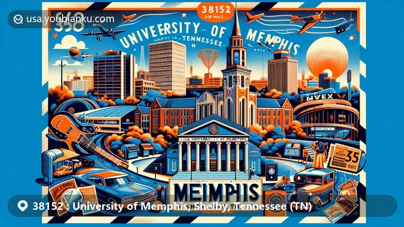 Modern illustration of the University of Memphis in Shelby, Tennessee, showcasing academic and cultural significance, featuring Ned R. McWherter Library, Wilder Tower, and Cecil C. Humphreys School of Law, with iconic Memphis landmarks like Graceland, Sun Studio, and STAX Museum of American Soul Music.