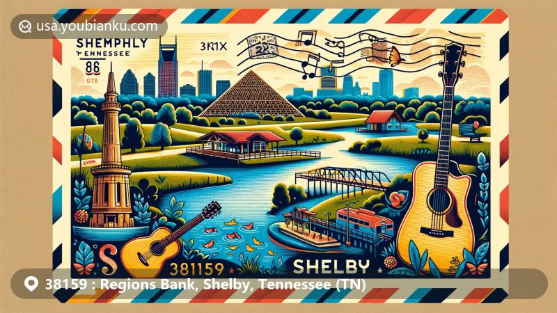 Modern illustration of Shelby, Tennessee, showcasing postal theme with ZIP code 38159, featuring Shelby Farms Park, National Civil Rights Museum, and nods to Memphis's musical heritage.