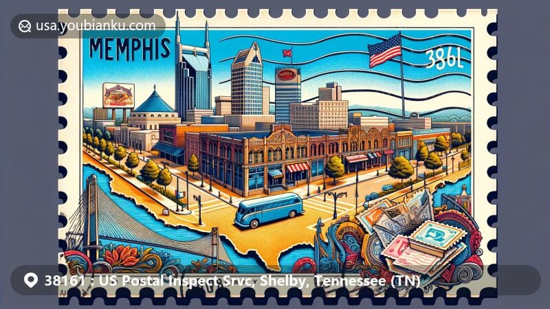 Modern illustration of Shelby County, Tennessee postcard featuring Beale Street, Tennessee state flag, decorative stamp with ZIP code 38161, and postal elements.