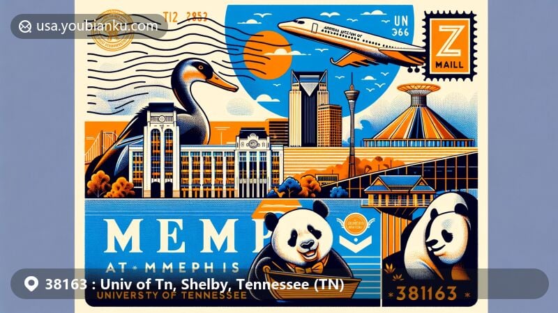 Modern illustration of Memphis, Tennessee, showcasing ZIP code 38163, featuring University of Tennessee, Peabody Ducks, Memphis Zoo pandas, and Stax Museum of American Soul Music.