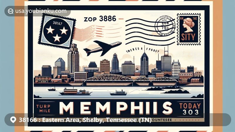 Modern illustration of ZIP Code 38166, Shelby, Tennessee, featuring Beale Street music scene, Shelby Farms Park, and Tennessee state flag.