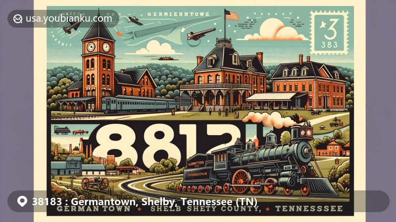 Modern illustration of Germantown, Shelby County, Tennessee, featuring Germantown Train Museum and Fort Germantown, with lush greenery and a vintage postcard design, showcasing the historical and cultural essence of the city.
