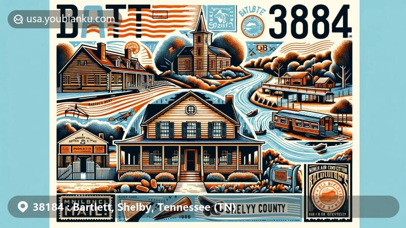 Modern illustration of Bartlett, Shelby County, Tennessee, capturing ZIP Code 38184, featuring historic Davies Manor Plantation, Nicholas Gotten House, and Mississippi River, with vintage postal communication symbols.