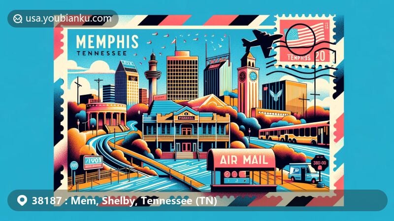 Modern illustration of Memphis landmarks with postal elements, including National Civil Rights Museum, Memphis Zoo, and Graceland, on air mail envelope or postcard.