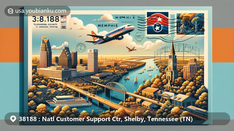 Modern illustration of Memphis, Tennessee, showcasing airmail envelope with Shelby County's natural beauty, Tennessee state flag, and postal services.