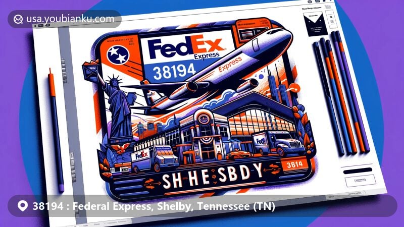 Creative illustration of ZIP code 38194, Federal Express in Shelby County, Tennessee, featuring a stylized airmail envelope with iconic elements of FedEx Express World Hub and Tennessee state flag.