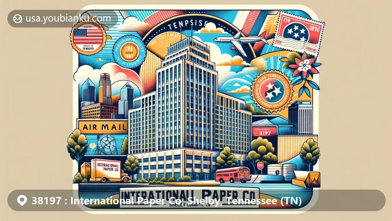 Modern illustration of Memphis, Shelby County, Tennessee, featuring the International Paper Co headquarters at 6400 Poplar Avenue and ZIP code 38197, with state flag, local flora, wildlife, vintage stamp, and antique mailbox.