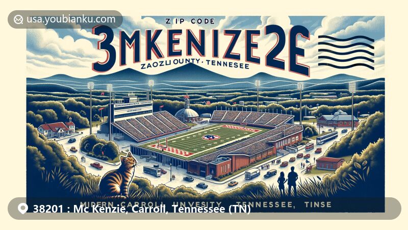 Modern illustration of McKenzie, Carroll County, Tennessee, evoking vintage postcard vibes with Wildcat Stadium at ZIP Code 38201, showcasing local landscapes and Tennessee flag elements.