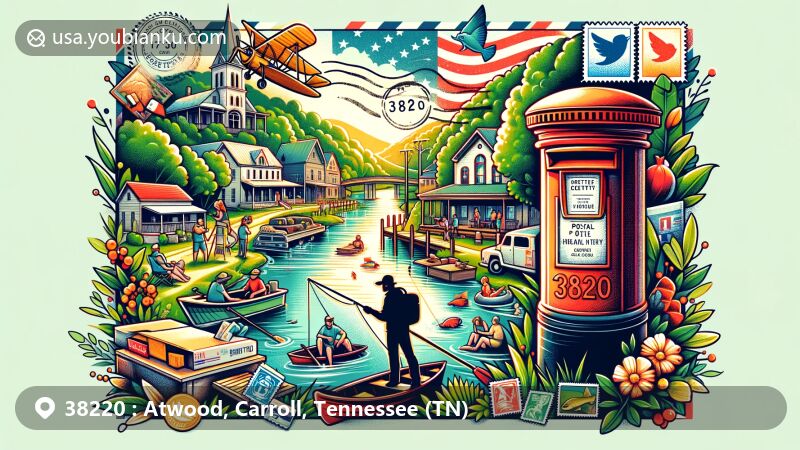 Modern illustration of Atwood, Tennessee, showcasing rural lifestyle with fishing, camping, hiking, arts and crafts festivals, community unity, and scenic beauty, integrating postal elements like vintage postcard, stamps, postmark with ZIP code 38220, and red postal mailbox.
