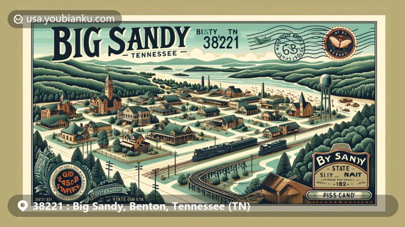 Modern illustration of Big Sandy, Benton County, Tennessee, showcasing postal theme with ZIP code 38221, featuring historical elements like railways and main roads State Route 69A and State Route 147, and artistic depiction of town layout and natural landscapes.