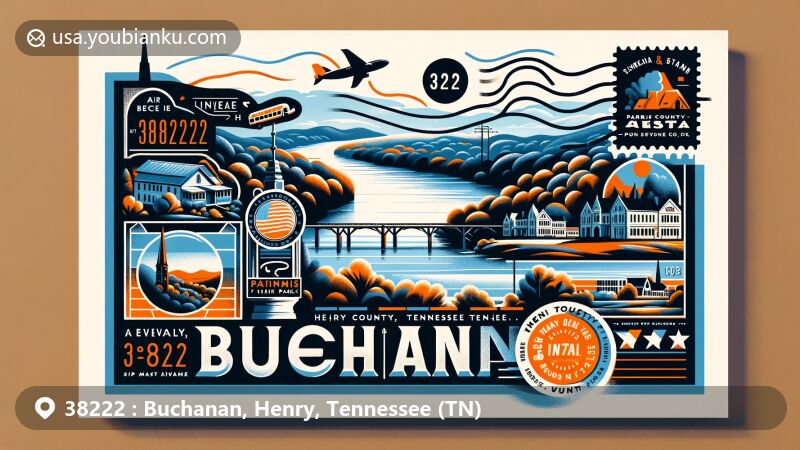 Modern illustration of Buchanan, Henry County, Tennessee, featuring scenic views of the Tennessee River and Paris Landing State Park, in a stylish air mail envelope with postal elements and ZIP Code 38222.