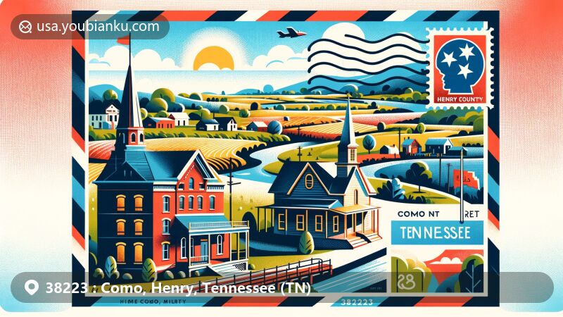 Modern illustration of Como, Tennessee, Henry County, resembling a postcard with rural landscapes and historic buildings, featuring elements of Tennessee and postal theme with ZIP code 38223.