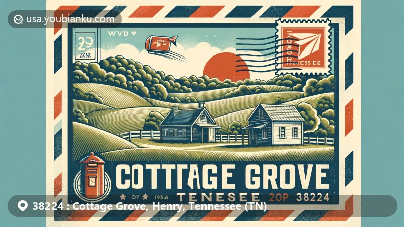 Modern illustration of Cottage Grove, Henry County, Tennessee, featuring vintage postal elements with ZIP code 38224, showcasing rural Tennessee landscape and state symbols.