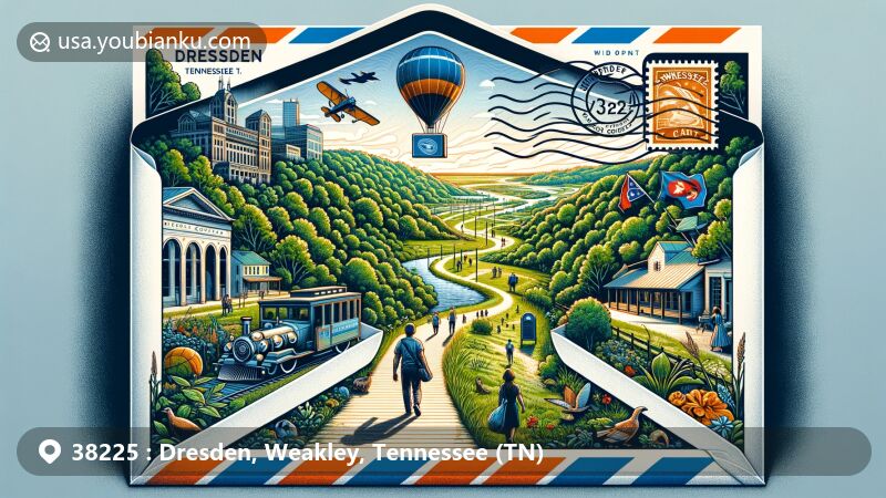Modern illustration of Dresden, Tennessee, highlighting Dresden Greenrail Trail and iconic landscapes of Weakley County, with subtle integration of the county's emblem and Tennessee state symbols. Features ZIP code 38225 and postal elements like a postage stamp and a mailbox silhouette.