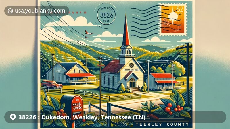 Modern illustration of Dukedom area, Weakley County, Tennessee, showcasing Knob Creek Church of Christ and American countryside landscapes, with postal elements like postmark and mailbox.