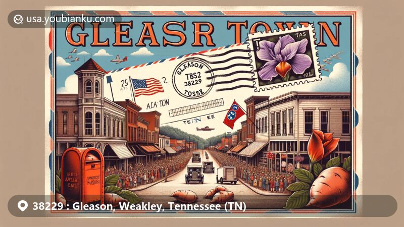 Modern illustration of Gleason, Tennessee, capturing historical charm and postal motifs, featuring Tater Town Special event and Tennessee state flag.