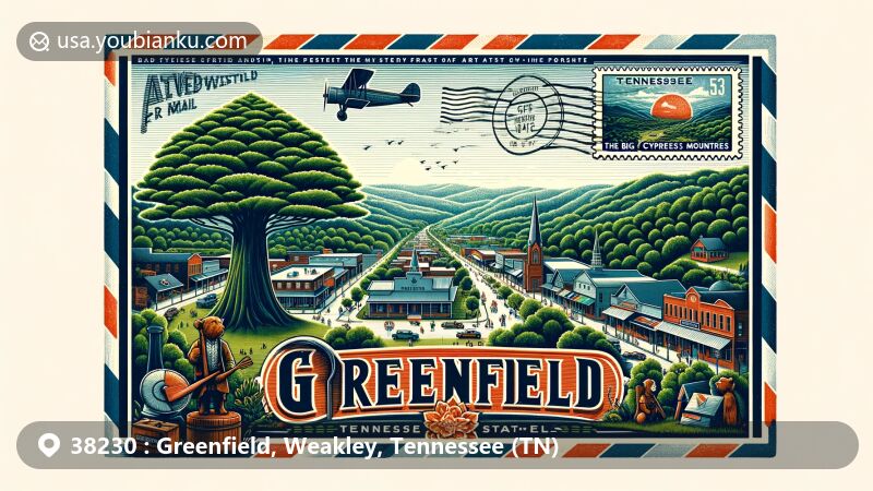 Modern illustration of Greenfield, Tennessee, with vintage air mail envelope frame, highlighting scenic view of town with Smoky Mountains backdrop, featuring Big Cypress Tree State Natural Area and local festival spirit.