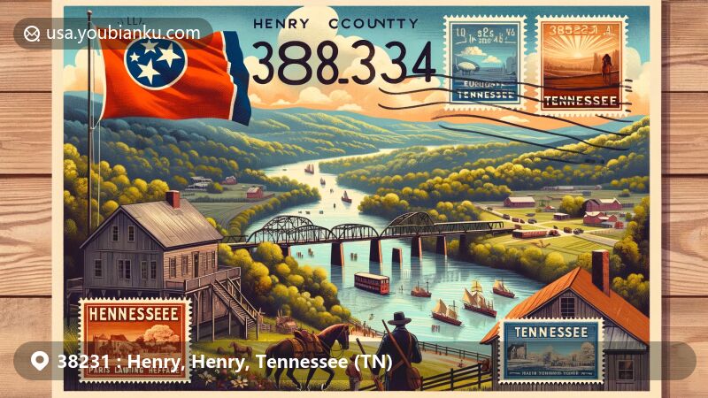 Modern illustration of Henry County, Tennessee, showcasing Tennessee National Wildlife Refuge and Paris Landing State Park, with historical references to the Skirmish at Mansfield and Tennessee state symbols.