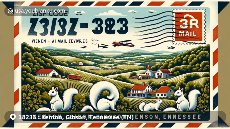 Modern illustration of Kenton, Gibson, Tennessee, highlighting postal theme with ZIP code 38233. Features vintage air mail envelope background, serene landscape with rolling hills and fields, symbolic white squirrels representing town uniqueness, and depiction of White Squirrel Winery.