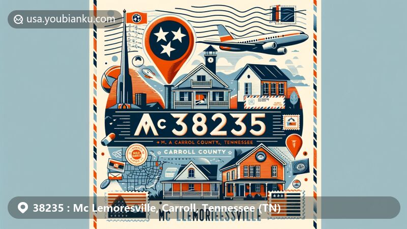 Modern illustration of Mc Lemoresville, Carroll County, Tennessee, showcasing postal theme with ZIP code 38235, featuring Carroll County Museum, Dixie Carter, Hal Holbrook, and Tennessee state symbols.