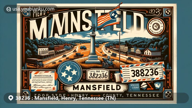 Modern illustration of Mansfield, Henry County, Tennessee, capturing the essence of the Skirmish at Mansfield and rural charm, featuring ZIP code 38236 and Tennessee state flag stamp.