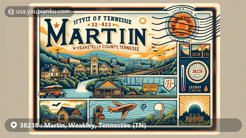 Modern illustration of Martin, Weakley County, Tennessee, blending postal elements with local features, showcasing University of Tennessee at Martin and natural beauty of Big Cypress Tree State Park.