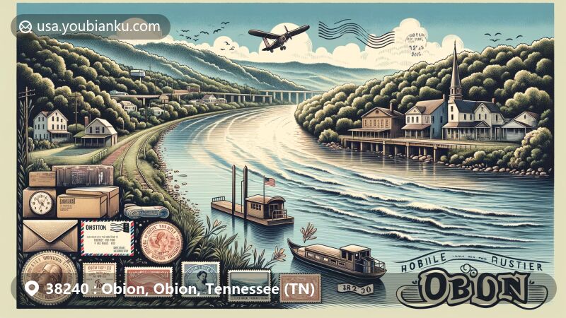 Modern illustration of Obion Town, Obion County, Tennessee, along the serene Obion River, featuring postal theme with vintage airmail envelope, postcard, and stamps, integrating '38240' ZIP code and 'Obion, TN' name, blending town's postal identity with natural beauty.