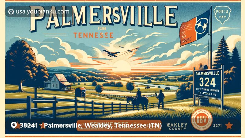 Modern illustration of Palmersville, Weakley County, Tennessee, featuring ZIP code 38241, showcasing rural charm, natural beauty, and historical significance.