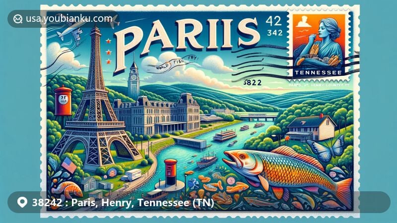 Creative illustration of Paris, Tennessee, in ZIP code 38242, featuring iconic Eiffel Tower replica, local attractions like Paris-Henry County Heritage Center, and elements from World's Biggest Fish Fry.