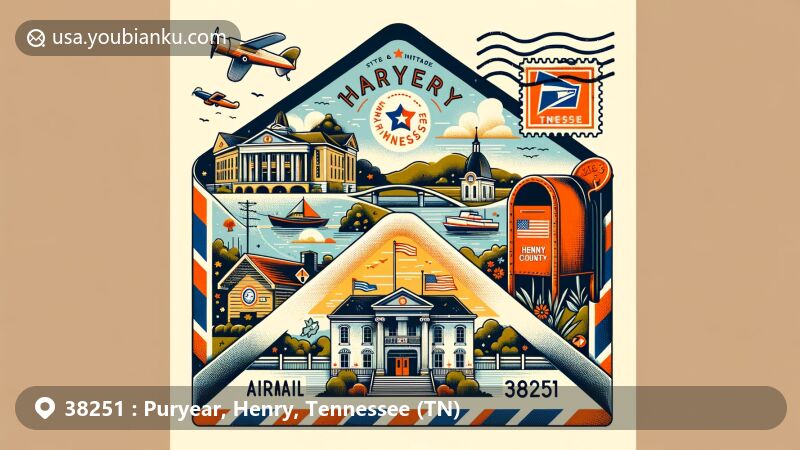 Modern illustration of Puryear, Tennessee, inspired by postal culture and featuring ZIP code 38251, iconic postage symbols, and the Henry County Courthouse.