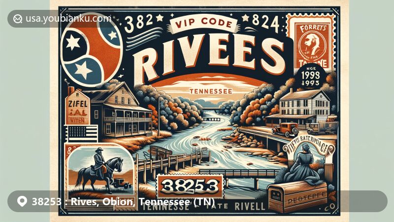 Modern illustration of Rives, Tennessee, showcasing postal theme with ZIP code 38253, featuring the Obion River, wildlife, and historical elements like the Forrest's Raid marker.