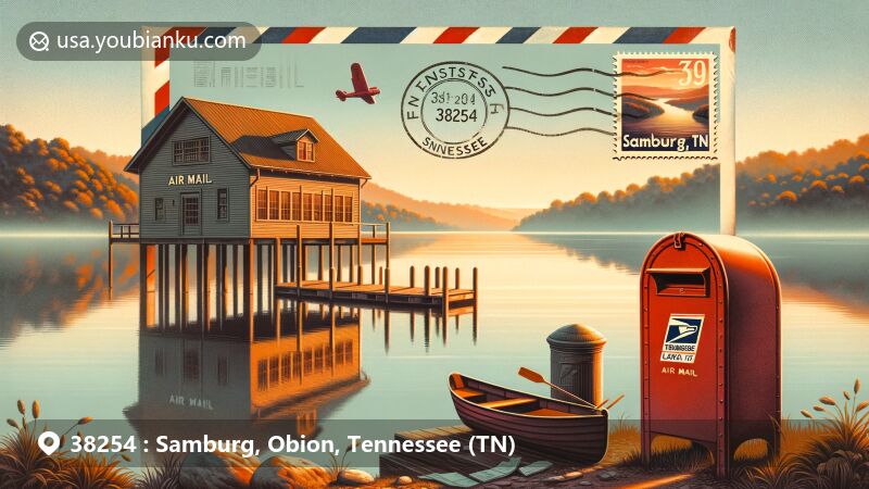 Modern illustration of Samburg, Obion, Tennessee, highlighting postal theme with ZIP code 38254, featuring Reelfoot Lake reflecting sunrise colors, vintage air mail envelope with Tennessee state flag stamp, postal elements including mailbox and delivery truck.