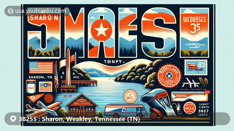 Contemporary illustration of Sharon, Weakley County, Tennessee, representing ZIP code 38255 with a modern twist, showcasing Garrett Lake and postal theme with Tennessee state flag, postmark, and vintage postal truck.