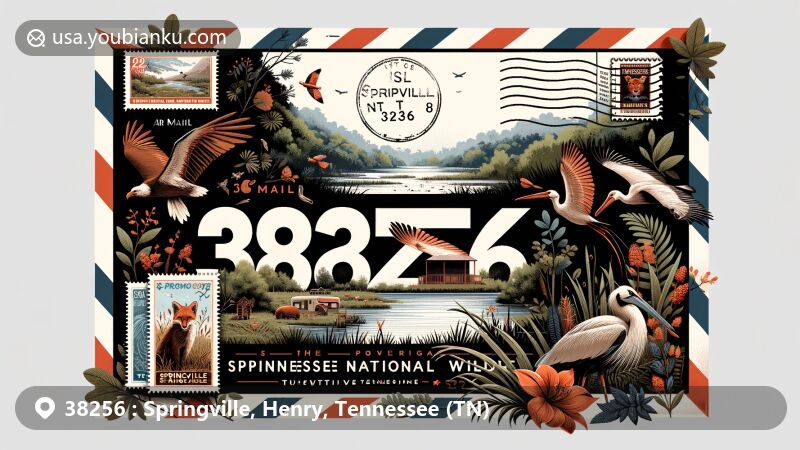 Creative illustration of Springville, Henry County, Tennessee, with postal theme ZIP code 38256, showcasing Tennessee National Wildlife Refuge and local flora, in modern style.