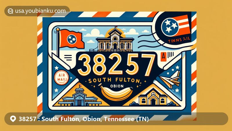 Modern illustration of South Fulton, Obion, Tennessee, spotlighting ZIP code 38257 with airmail envelope theme. Features TN state flag, Obion County outline, historic Jacksonville landmarks, and International Banana Festival emblem.