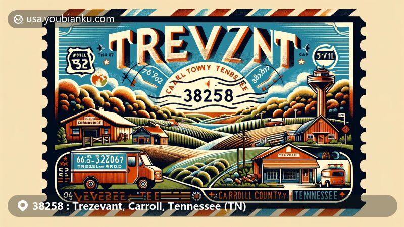 Modern illustration of Trezevant, Carroll County, Tennessee, featuring vintage airmail envelope design with a focus on small-town charm and community spirit, incorporating postal theme with ZIP code 38258 and subtle geographical elements.