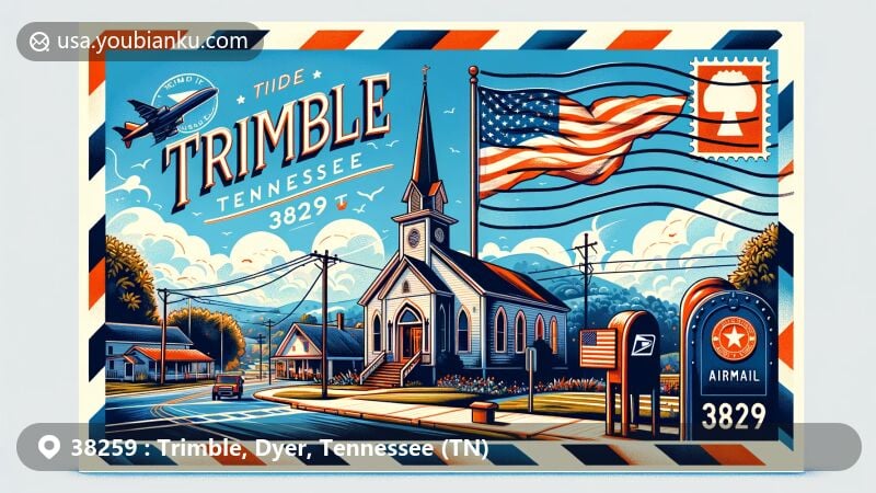 Vibrant illustration of Trimble, Tennessee, featuring small-town charm with church or community center, Dyer County outline, and Tennessee state flag, set on an airmail envelope with American-style mailbox and postal stamp '38259'.