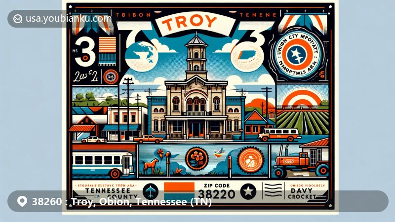 Modern illustration of Troy, Tennessee, in the 38260 ZIP code area, showcasing small-town allure, agricultural importance, and historical roots tied to Davy Crockett. Includes Tennessee state flag, postcard motifs, and ZIP code, embodying Troy's essence in Obion County.