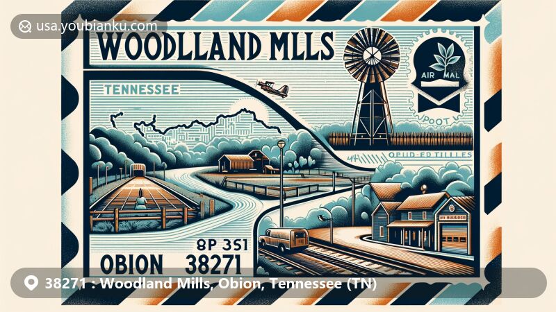 Modern illustration of Woodland Mills, Obion County, Tennessee, showcasing postal theme with ZIP code 38271, featuring community facilities like the town's community center, tennis courts, walking track, and ball field. Vintage-style postage stamp highlights town history with Nashville and Northwestern Railroads or iconic mills. Vibrant design captures essence of Woodland Mills and its postal legacy.