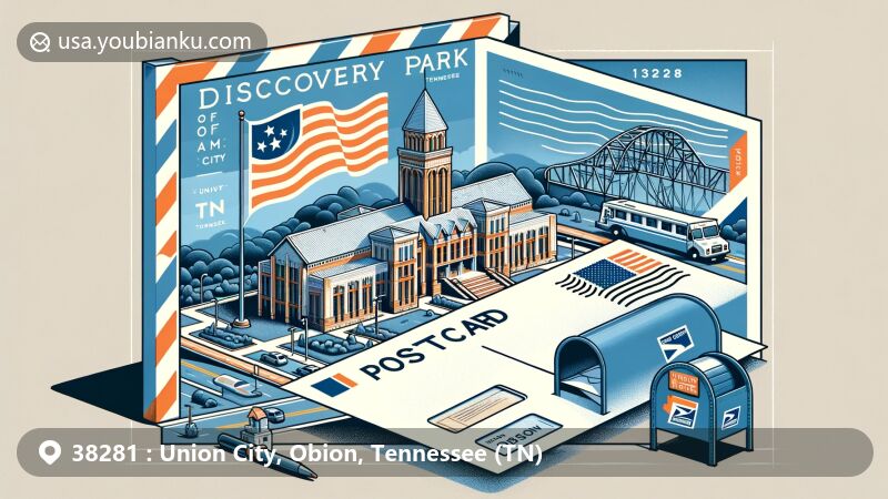 Modern illustration of Union City, Tennessee, highlighting postal theme with ZIP code 38281, featuring Discovery Park of America and Tennessee state symbols.