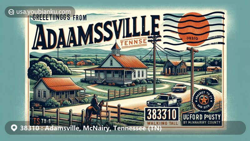 Modern illustration of Adamsville, McNairy County, Tennessee, featuring Buford Pusser Home and Museum, highlighting local history and law enforcement heritage, with a nod to its location in McNairy County.