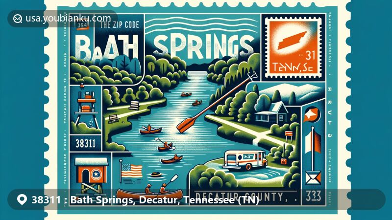 Modern illustration of Bath Springs, Decatur County, Tennessee, highlighting natural beauty and outdoor activities, with Tennessee state flag and postal theme.