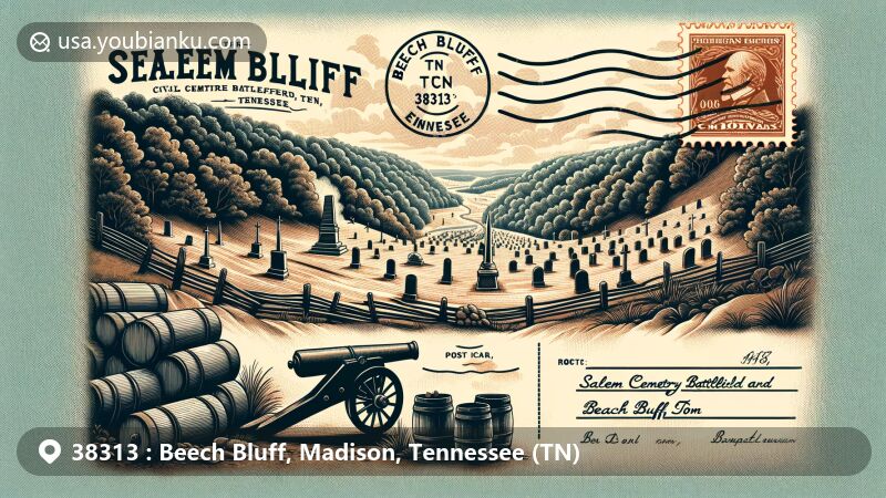 Modern illustration of Beech Bluff, Madison, Tennessee, highlighting the ZIP code 38313, featuring Salem Cemetery Battlefield and postal elements, capturing the area's historic Civil War significance.
