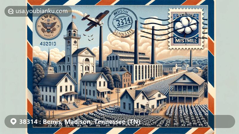 Modern illustration of Bemis, Madison County, Tennessee, inspired by vintage airmail theme and the importance of postal services, featuring iconic landmarks like Bemis Mill, Union Church, and traditional shotgun houses amid cotton fields, with classic postal motifs and Tennessee state symbols.