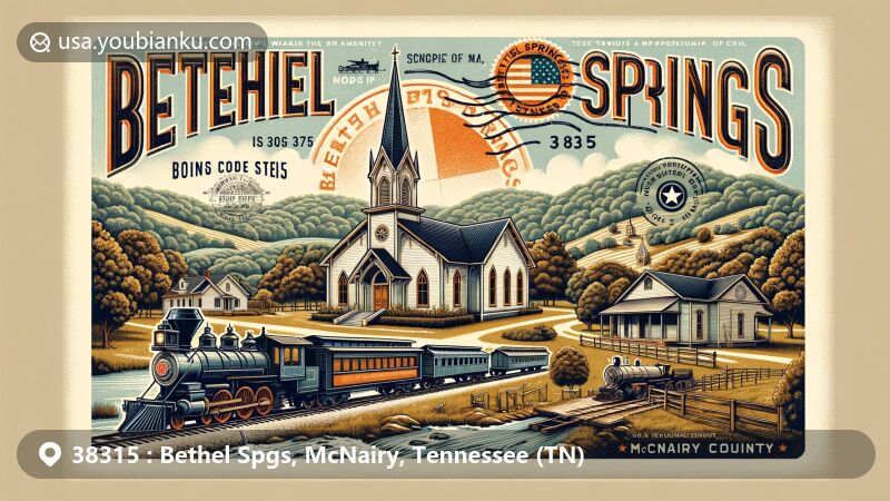Vintage-style illustration of Bethel Springs, McNairy County, Tennessee, showcasing historical Bethel Springs Presbyterian Church and Civil War impact, with a focus on railway station and artesian springs.