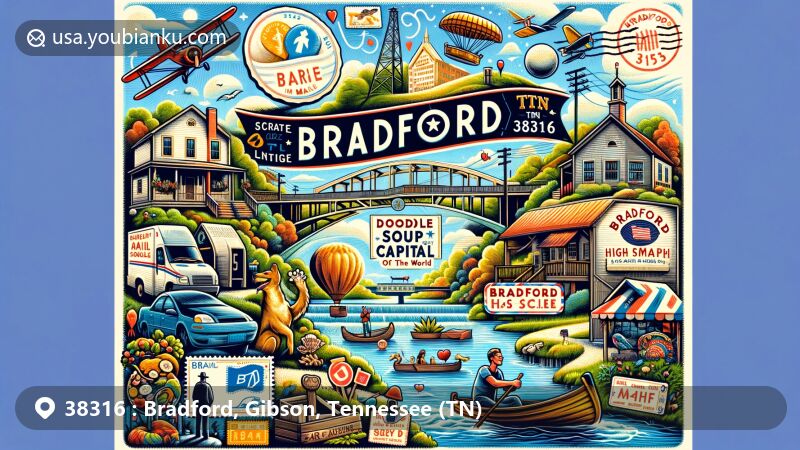 Modern illustration of Bradford, Tennessee, showcasing postal theme with ZIP code 38316, featuring 'Doodle Soup Capital of the World' nickname, iconic Bradford High School, vintage air mail elements, and serene outdoor activities.