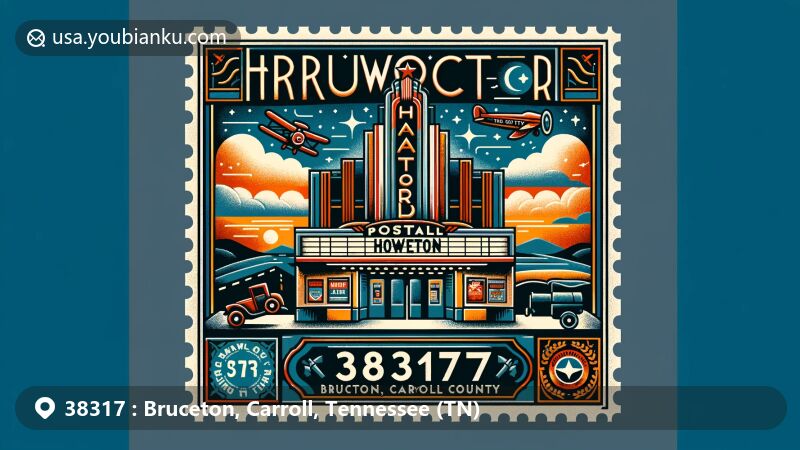 Modern illustration of Bruceton, Carroll County, Tennessee, spotlighting ZIP code 38317, inspired by art deco style and showcasing landmarks like the historic Howard Theatre and Templeton Park.